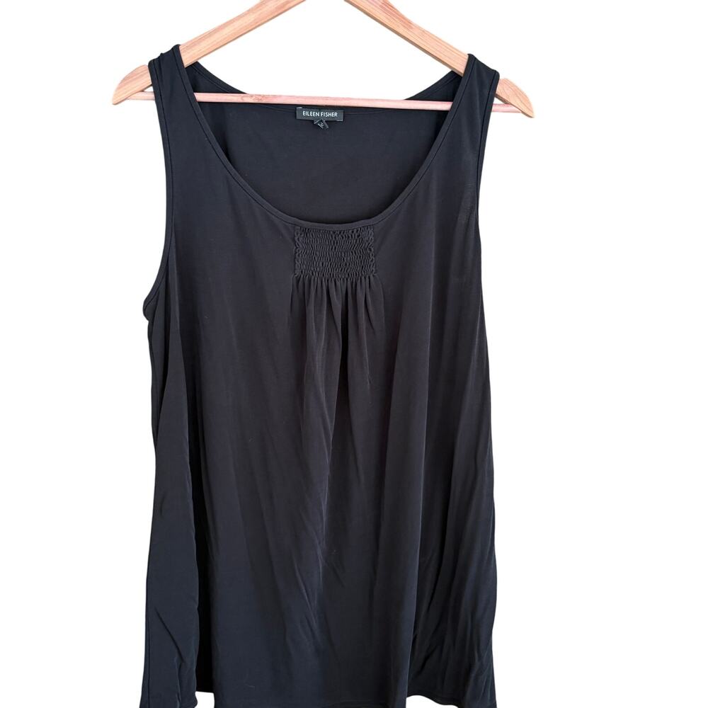 Eileen Fisher Silk Tank Top L Black Smocked Blouse Shirt Capsule Minimalist